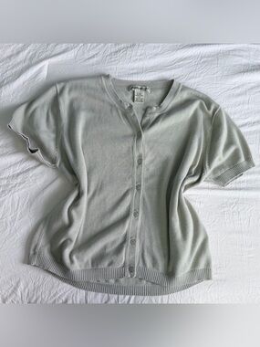 Vintage 90s Eddie Bauer Retro Gray Green 100% Cotton Short Sleeve Knit Cardigan